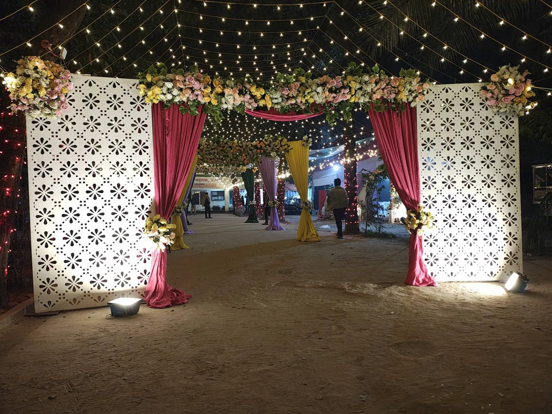 Floral entrance gate with fairy lights