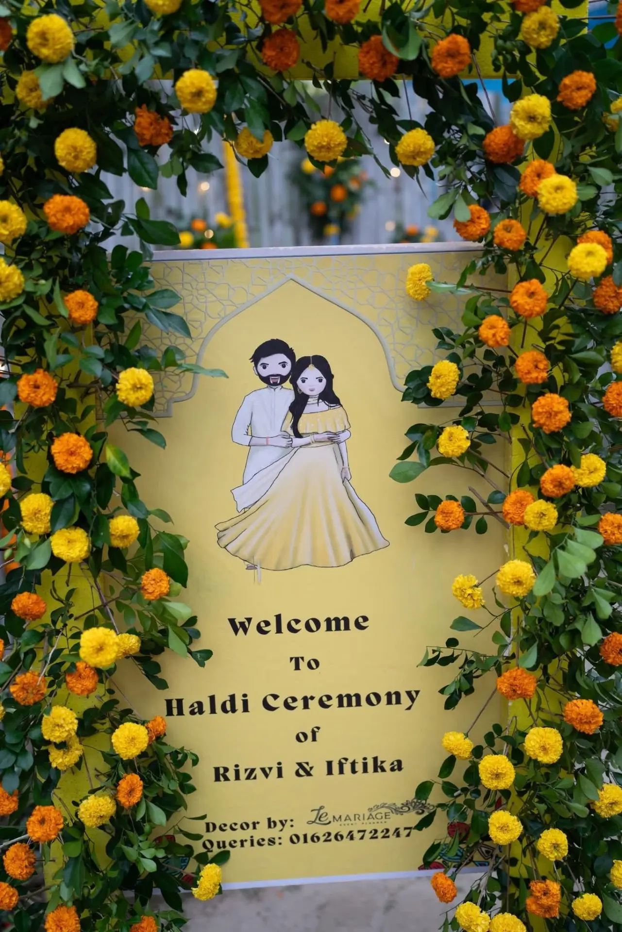 Marigold framed haldi welcome signage