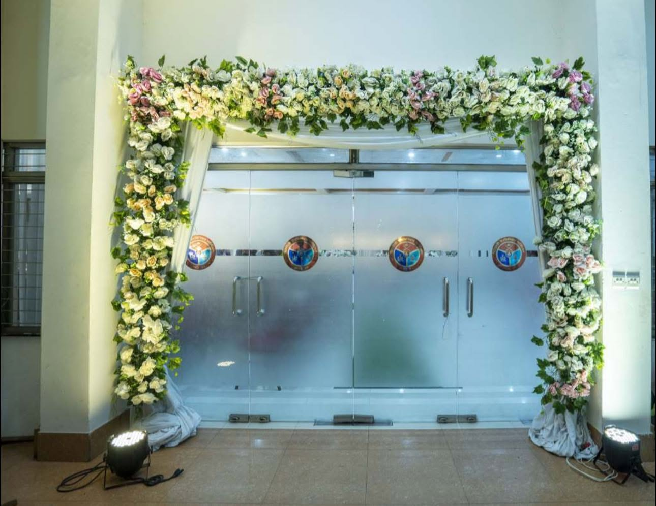 Floral entrance arch at the hall doorway
